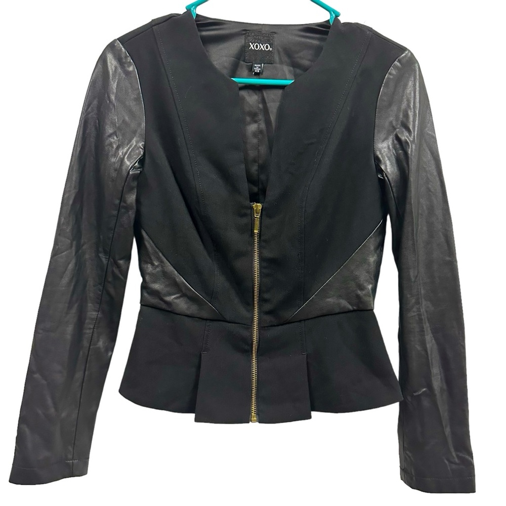 Black Faux Leather Rayon Blend Zip Up Lined Peplum XOXO Blazer Jacket Womens XS